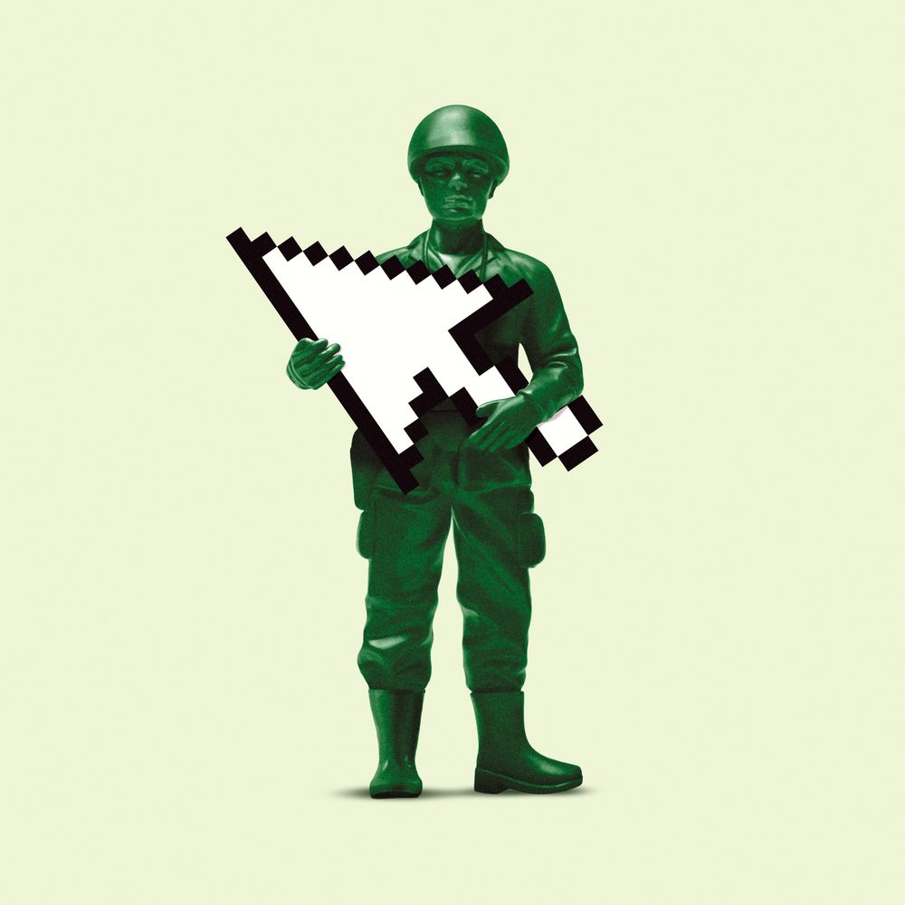 An illustration of a toy service member holding a pixelated cursor.