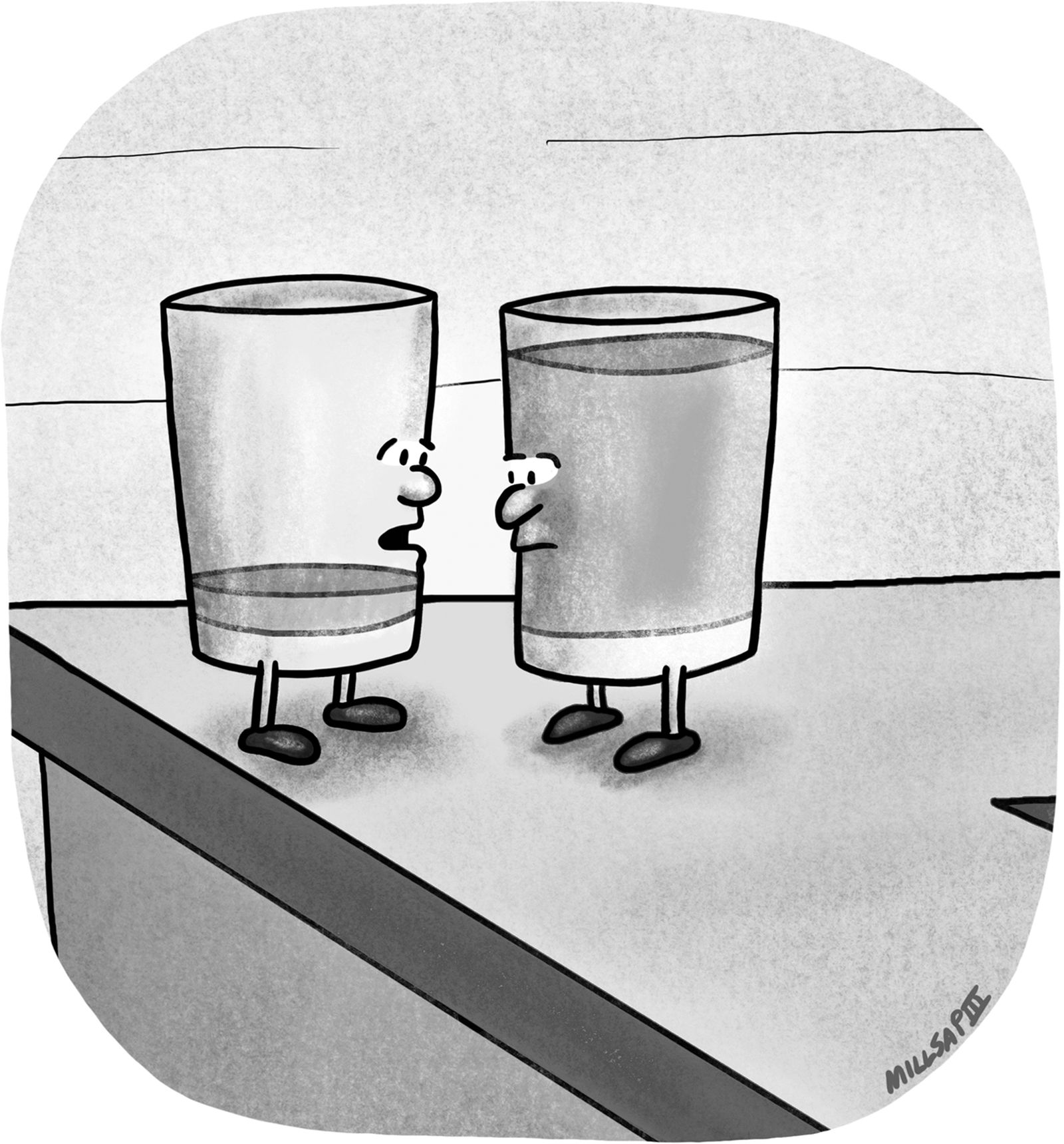 A mostly empty glass talking to a mostly full glass on a table.