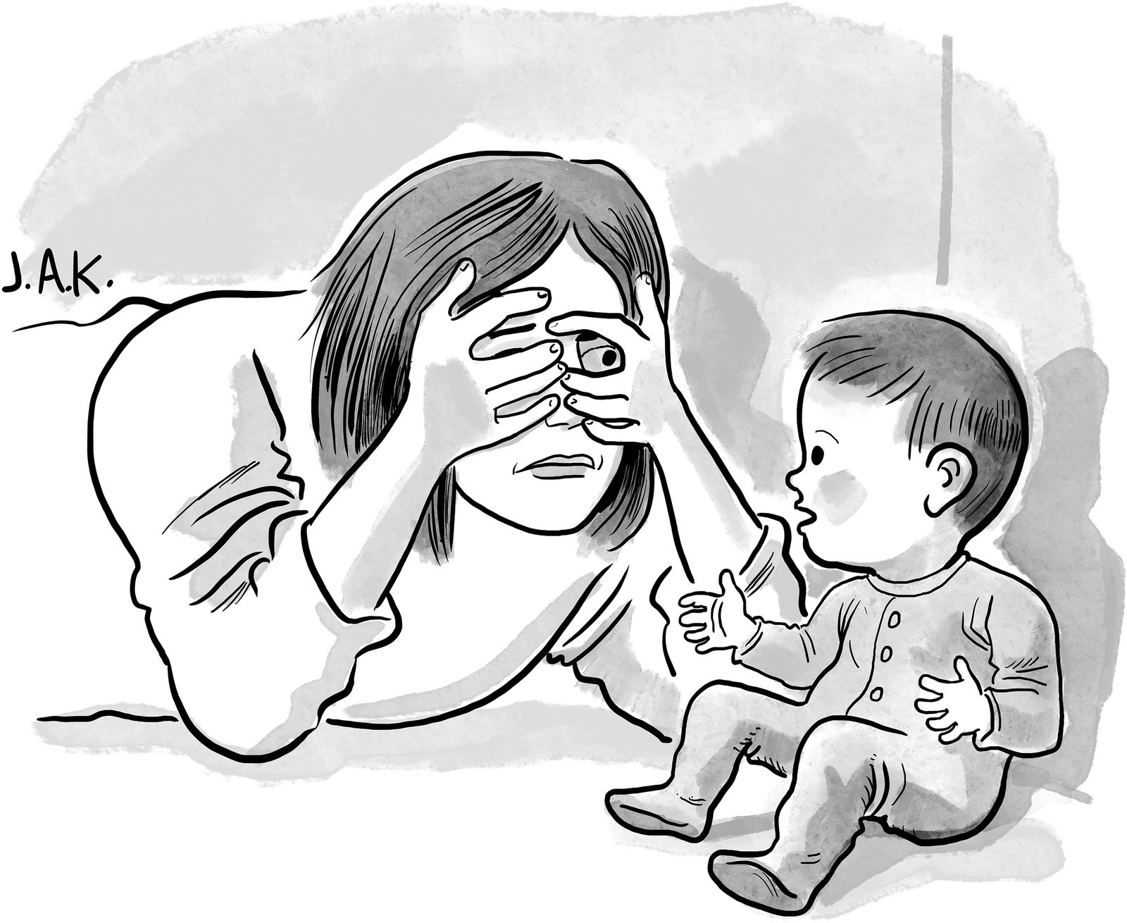 Baby talking to mother who is covering her face and playing peekaboo.
