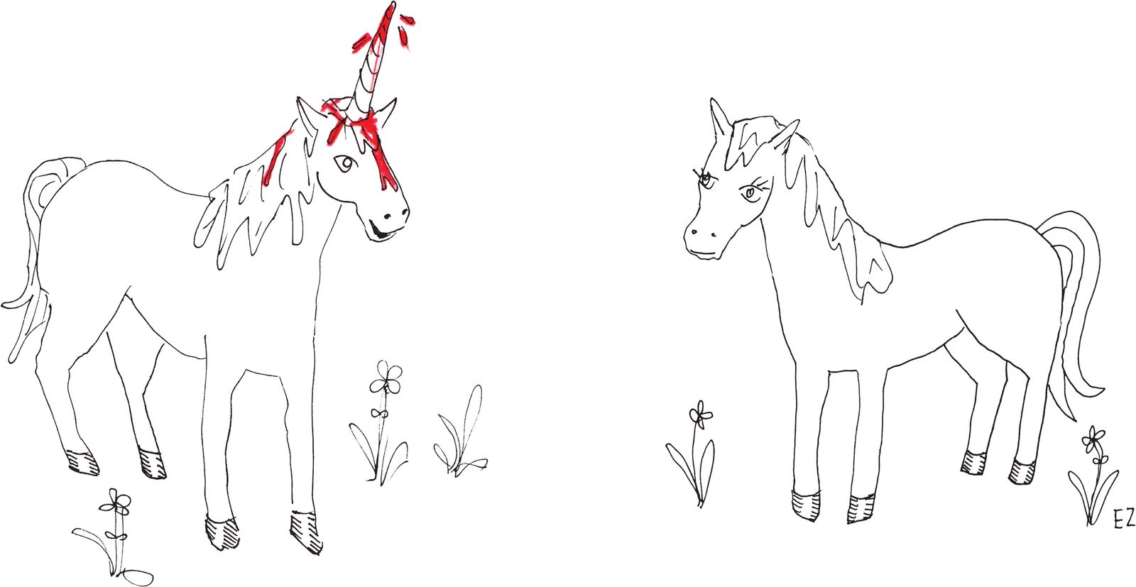Unicorn with bloody horn talking to horse.