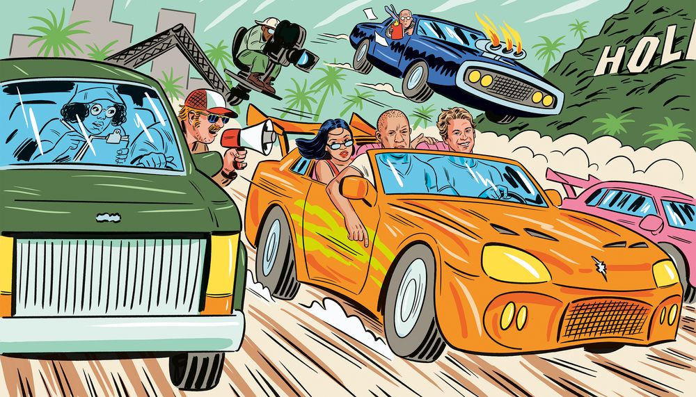An illustration of cars and camera crews.