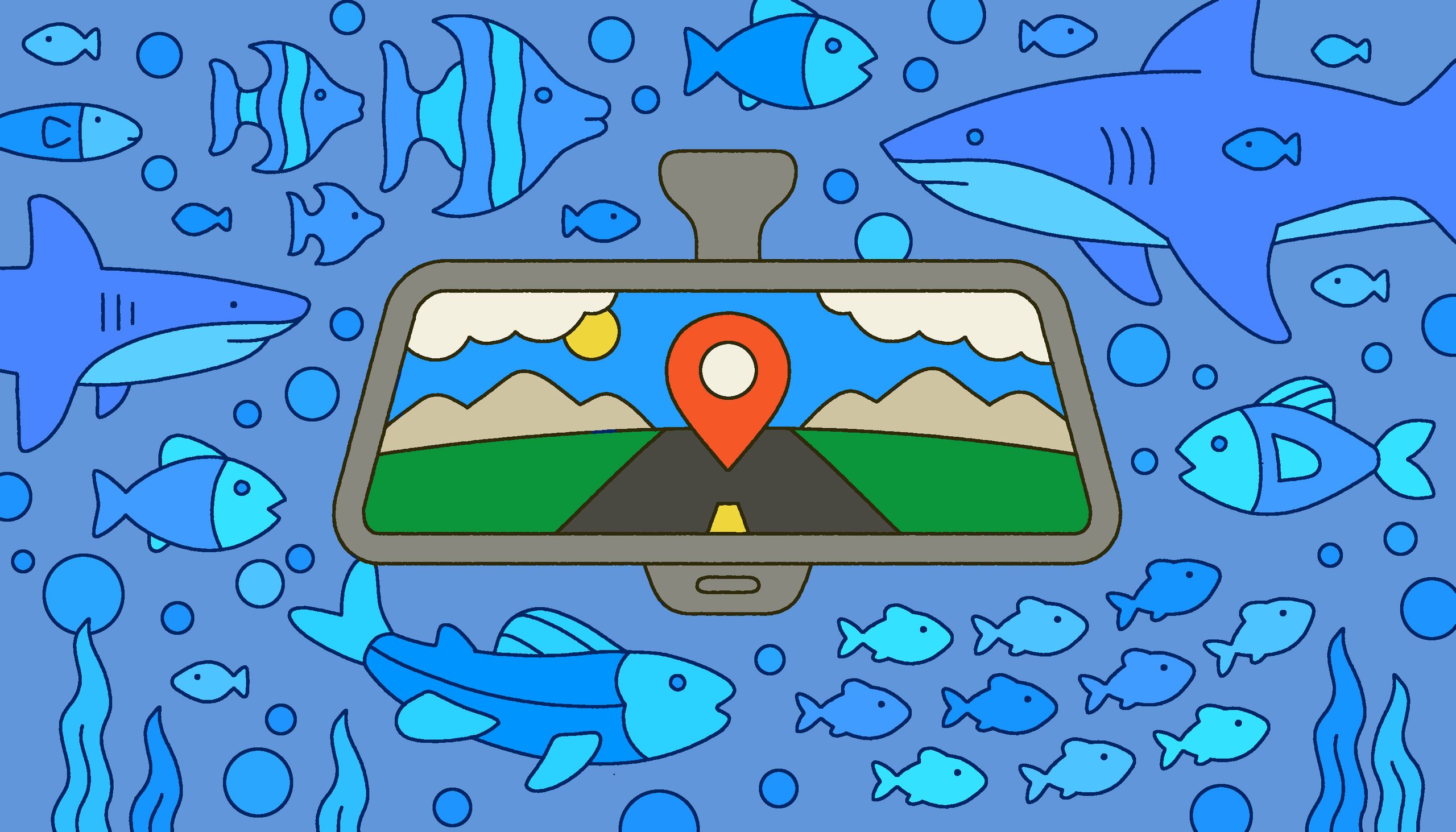Illustration of a mirror and a G.P.S. pin with a fish pattern in the background.