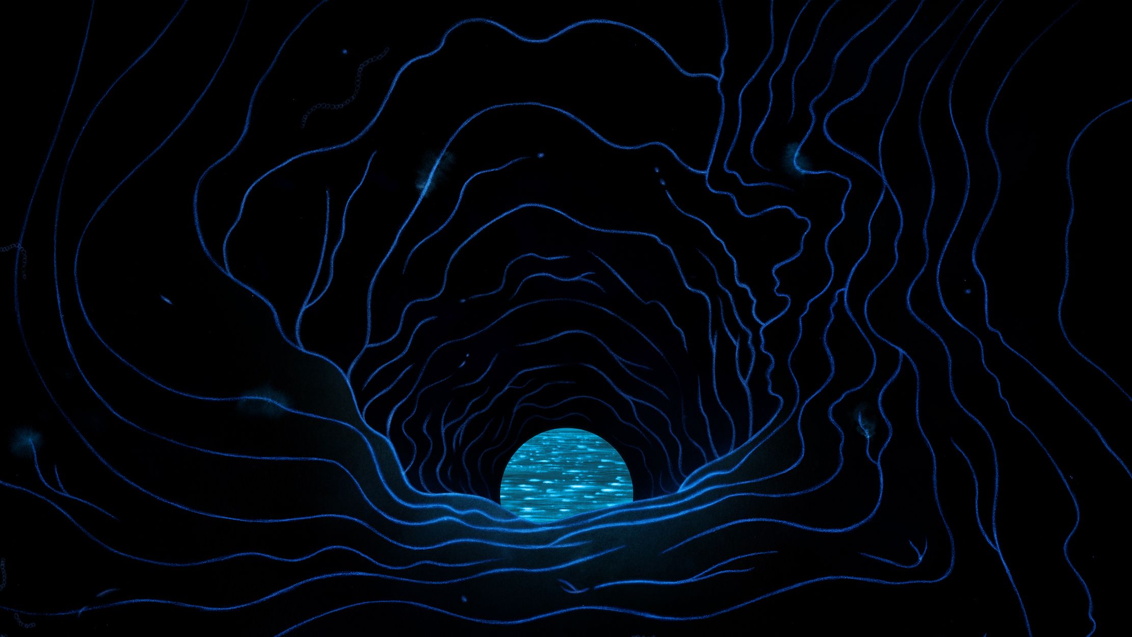 Illustration of a dark cave with blue lines.