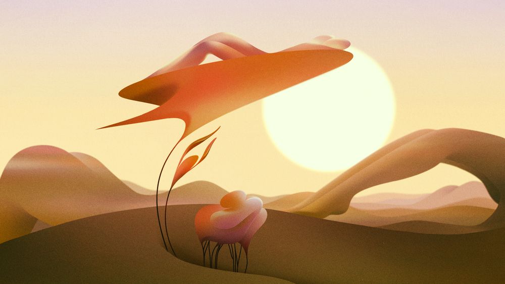 Illustration of a dreamy landscape with a morphed body and a sun