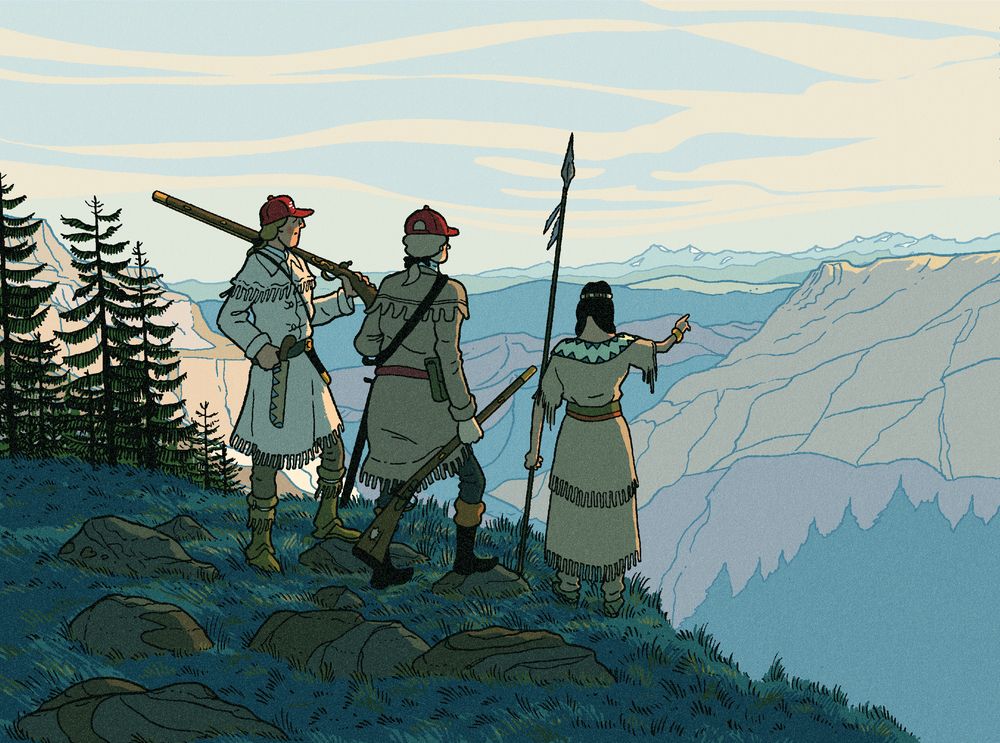 Lewis and Clark on a mountain, guided by Sacagawea.
