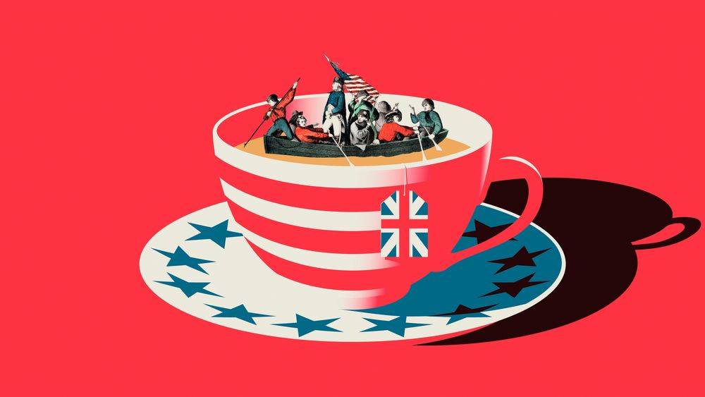 Americans on a boat inside a British tea cup.