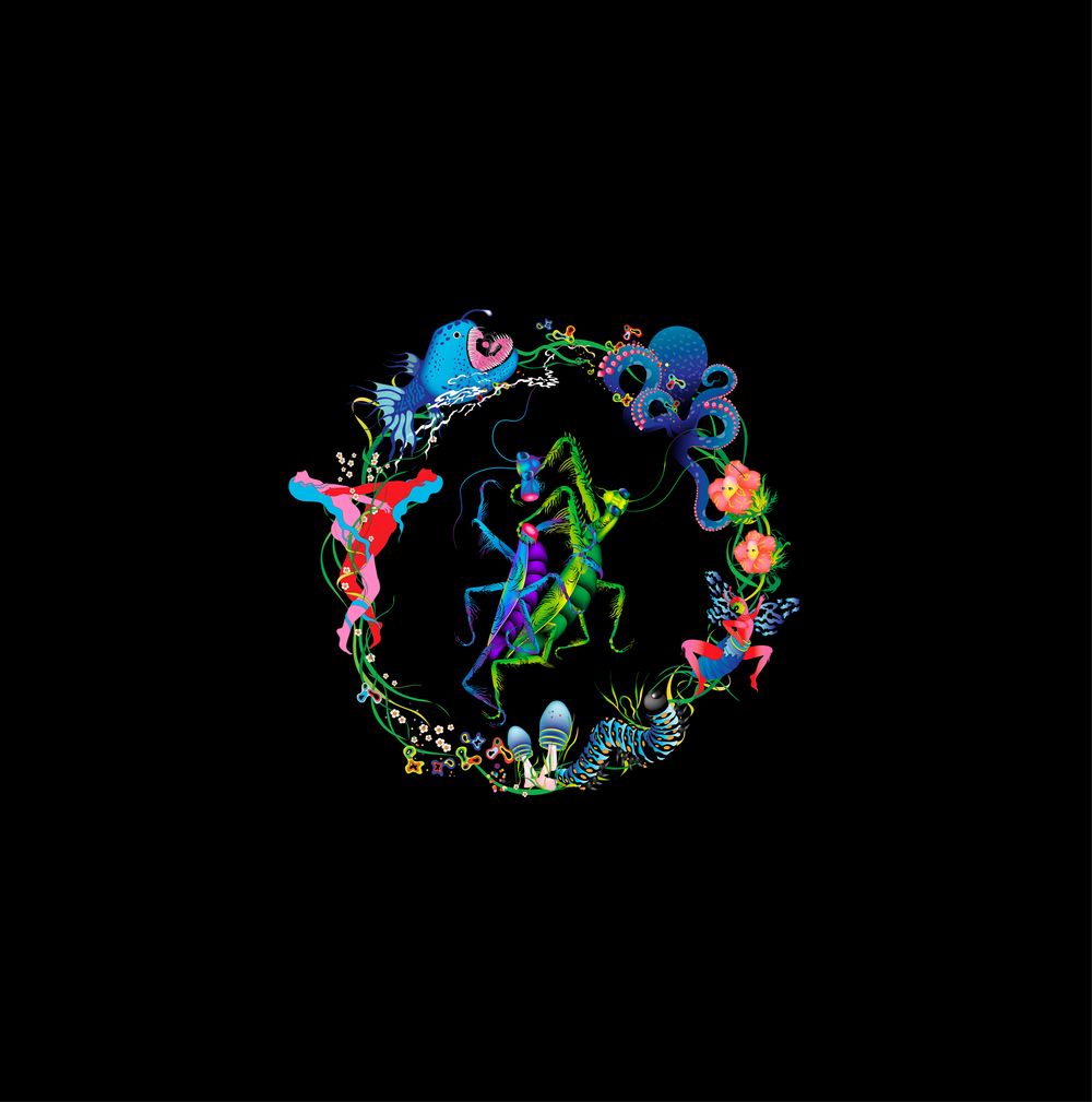 A praying mantis in a circle of animals. 