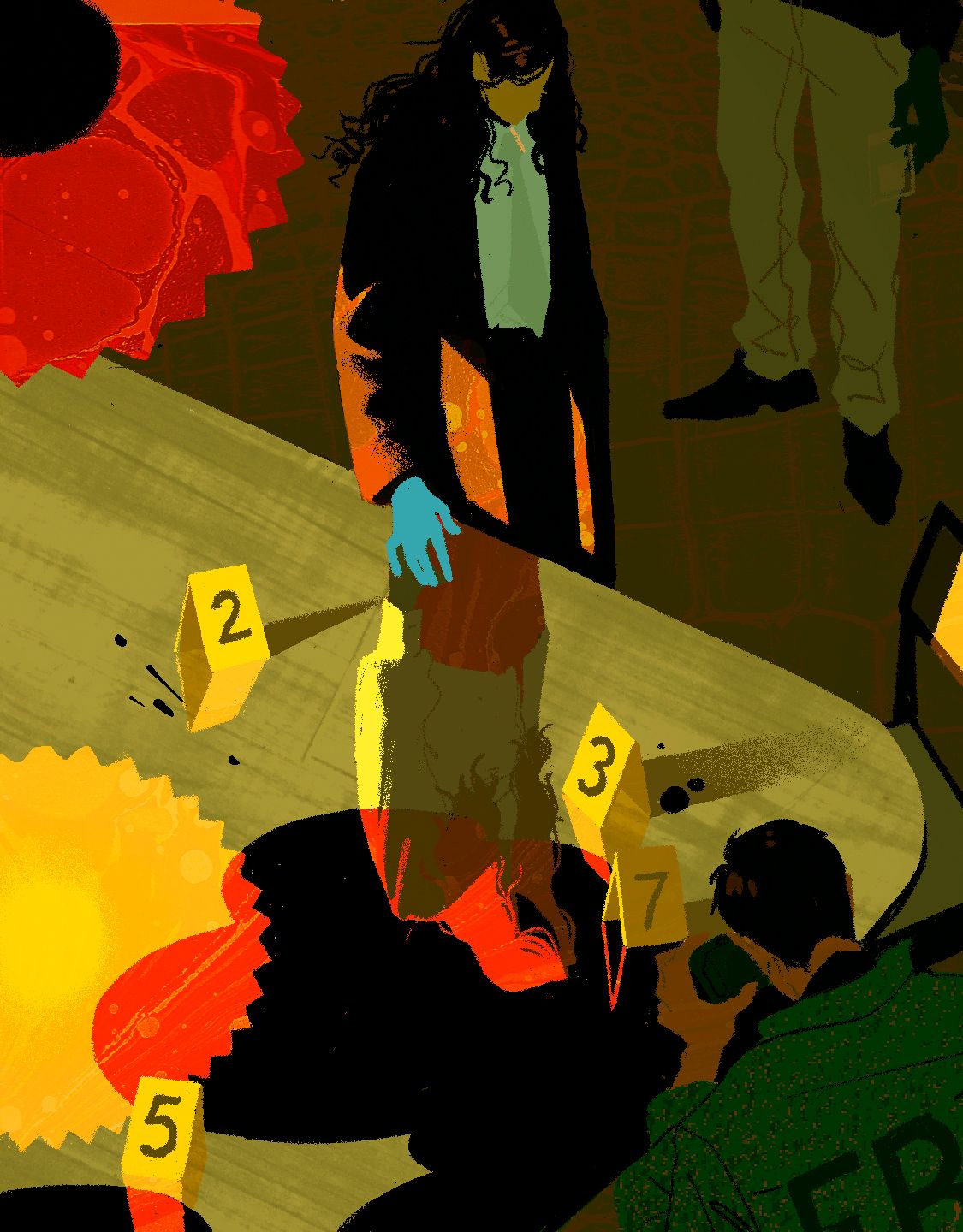 A woman looking a crime scene and another woman in reflected on the surface of a table