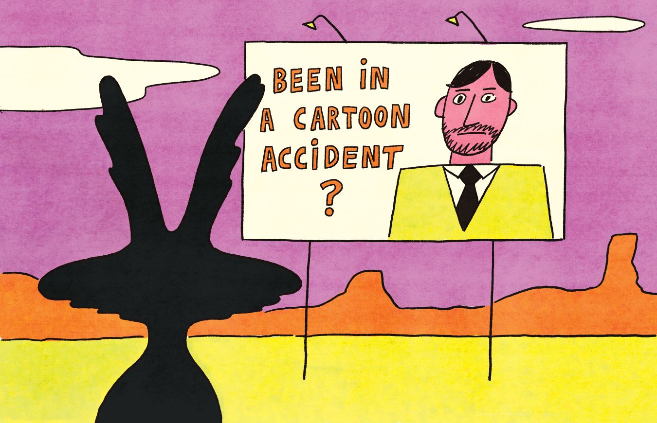 Wile E. Coyote looking at a personal injury lawyer billboard