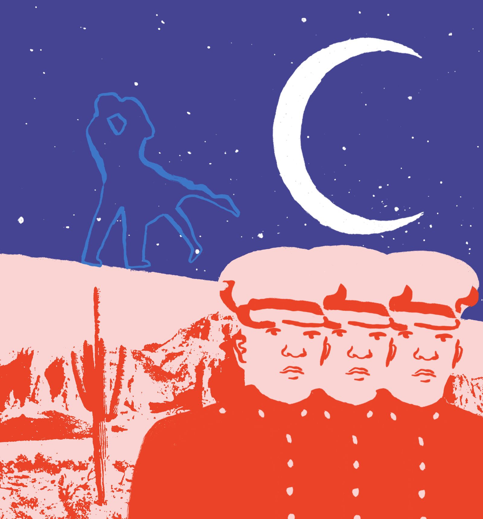 A couple in front of a starry sky soldiers in front of a desert